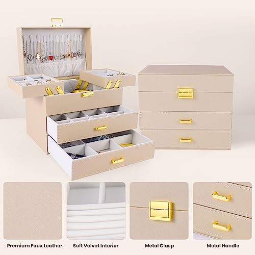 Dajasan Jewelry Organizer Box, Jewelry Holder Organizer Box, PU Leather Jewelry Box, Gift Idea for Valentine's Day, Birthday, Mother's Day, Christmas (Champagne) - color: Champagne + Gold