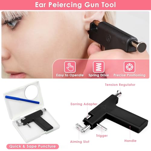 Professional Ear Piercing Gun Kit, Reusable Piercing Gun with Stainless Steel Piercing Earrings Studs, Crystal Earrings for At Home Salon Earlobe Cartilage Helix Tragus Piercing Tool Kit - color: Black