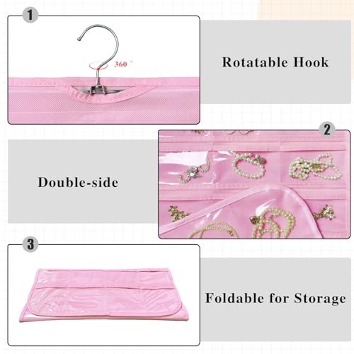 1 Pack Hanging Jewelry Organizer 80-Pocket Dual-sided Jewelry Storage for Earring Necklace Bracelet Ring Travel Holder, Pink - color: Pink