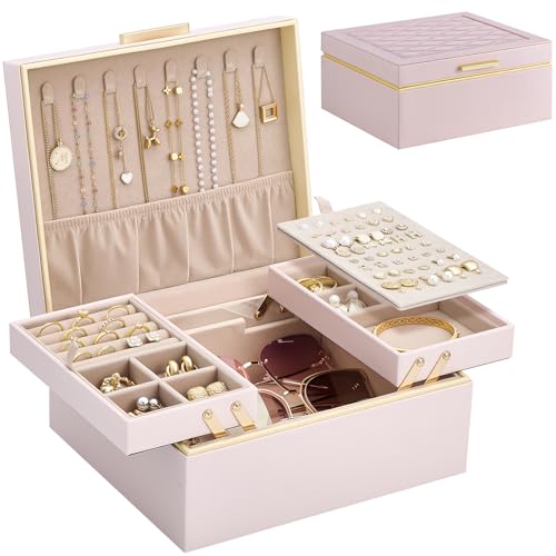 Lolalet Jewelry Box Organizer for Women Girls, 2 Layer Jewelry Organizers and Storage for Necklace Earrings Rings Bracelets, Large Jewellery Holder Case Birthday Mothers Day Gifts -Pink - color: Pink