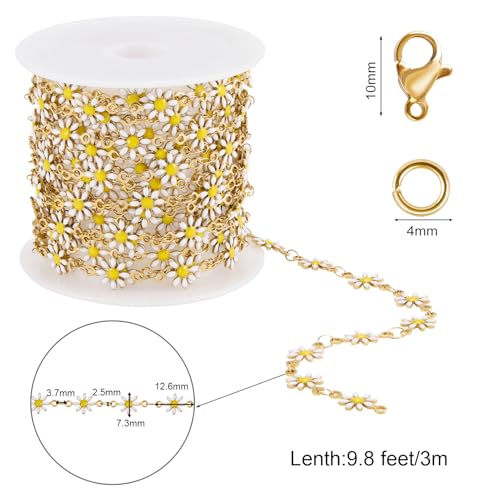 SMYHTGLIF 9.8 Feet White Flower Chain Bulk Stainless Steel Daisy Chain for Jewelry Making Gold Craft Jewelry Findings - color: White Gold