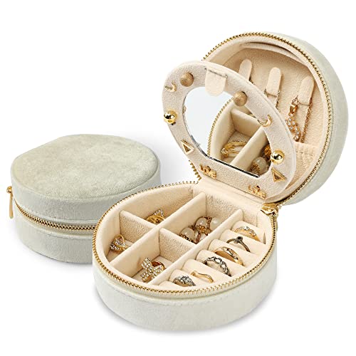 Dajasan Velvet Jewelry Organizer, Mini Travel Jewelry Case, Small Portable Travel Jewelry Organizer Box with Mirror for Earrings Bracelets Rings Necklace (Beige) - color: Beige 1, size: Round Mirror