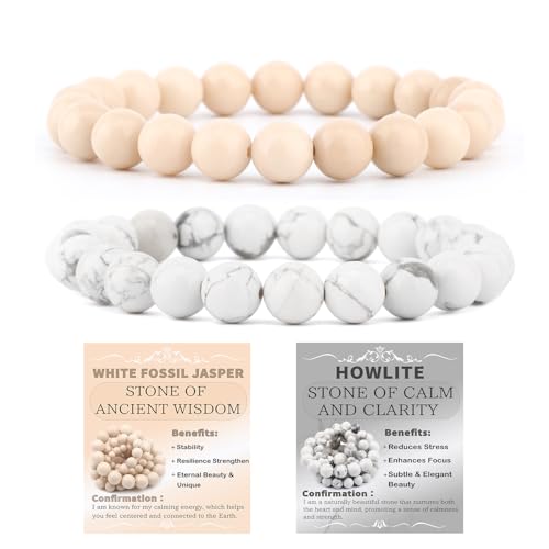 NCB 2.3-Piece 4mm Natural Crystal Gemstone Stretch Bracelets – Handmade Reiki Energy Healing Jewelry for Meditation,Yoga, Unisex - color: 2PCS ( Howlite+White Fossil Jasper ), size: 8mm