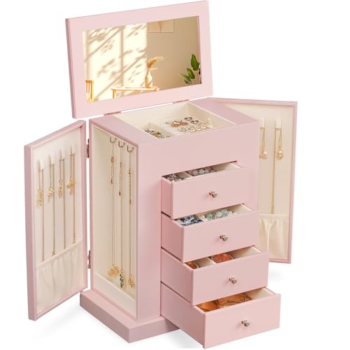 Emfogo Jewelry Boxes for Women, 5-Layer Large Leather Jewelry Organizer Box with Mirror and Drawers, Jewelry Storage for Necklaces Earrings Rings Bracelets (Pink) - color: Pink
