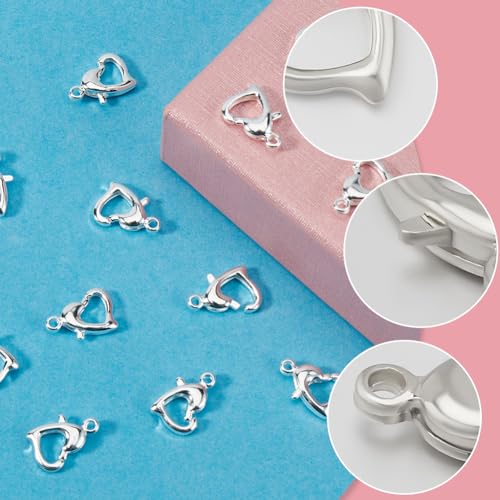 Beebeecraft 1 Box 30Pcs Heart Lobster Clasps 925 Sterling Silver Plated Brass Lobster Claw Jewelry Bracelet Clasps Connector with Jump Ring for DIY Craft Jewellery Making - color: Silver