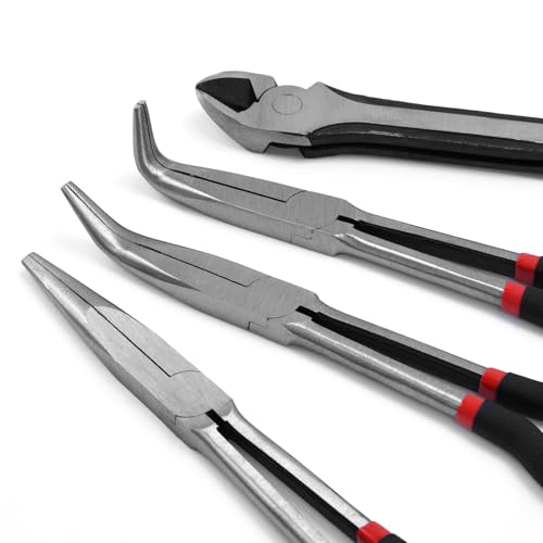 4-Piece 11" Extra Long Needle Nose Pliers Set with Insulated Comfort Grip, Straight Long Reach, 45/90°Bent Nose & Diagonal Pliers for Bending, Shaping & Trimming in Narrow Spaces - size: 4Pcs-Straight/45/90