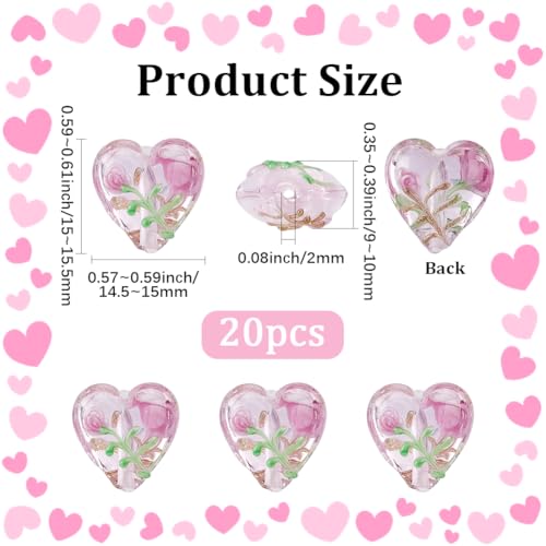 1 Box 20PCS Pink Heart Lampwork Beads Rose Flower Handmade Transparent Flat Glass Clear Floral Spring Garden Loose Spacer Bead Bulk for Jewelry Making Valentine's Day Bracelet Craft Supply