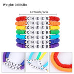 Rainbow Heishi Surfer Bracelets Set for Women Stackable Clay Beaded Bracelets Disc Stretch Preppy Bracelets Layering Colorful Friendship Bracelets Team Cheer Bulk Boho Summer Beach Jewelry Gift - style: CHEER