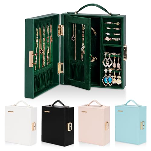 Enthralite Large Travel Jewelry Case: Portable Necklace Box with Mirror - PU Leather & Velvet Lined Jewelry Organizer for Ring Earring Bangle Bracelets Watch - Birthday Gift for Her - color: Dark Green