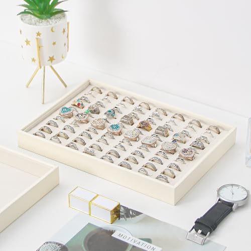 Stackable Jewelry Organizer Tray For Drawers,White Leather Small Earring Storage Tray,Bracelet And Necklace Display Box,Jewelry Ring Display Case (Creamy White 80 Grids Ring) - style: Creamy White 80 Grids Ring