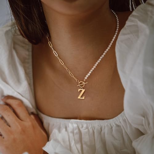 Yoosteel Pearl Initial Necklace for Women, Dainty Pearl Chain Choker Initial Necklaces for Women Toggle Clasp Paperclip Link Chain Necklace Jewelry Gifts - color: Gold, style: Z