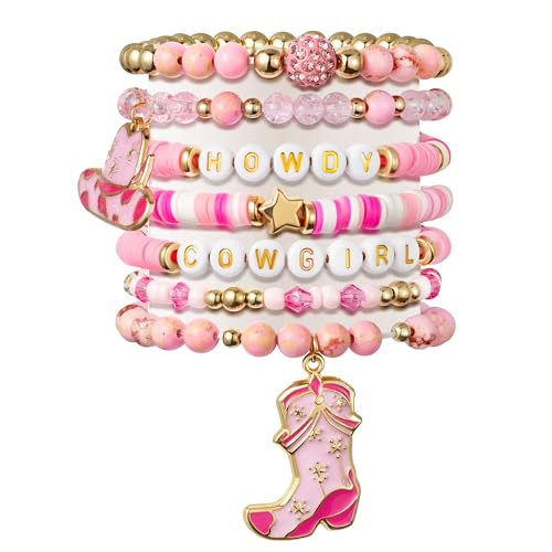 LieToi Preppy Heishi Bracelets Set Colorful White Gold Smile Heart Star Evil Eye Beaded Polymer Clay Pearl Stackable Charm Y2K Kidcore Summer Beach Bohemian Layering Bracelets Jewelry for Women Girls Teens - color: 7Pcs-Pink Cowgirl