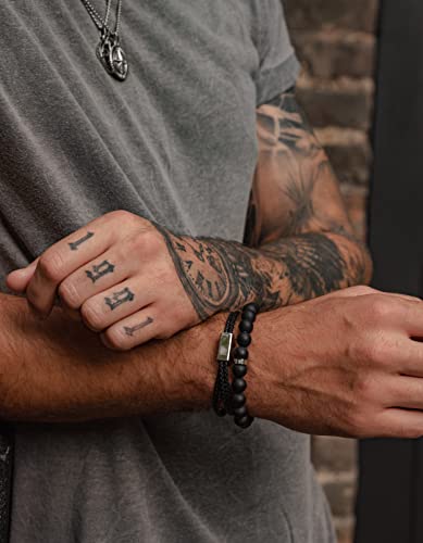 Forge & Foundry Men’s Matte Black Solid Onyx Beaded Bracelet | 10mm, 8mm, 6mm Bead Size Options | Signature Stainless Steel Engraved Bead | Andalus - color: 10mm Silver, size: X-Large