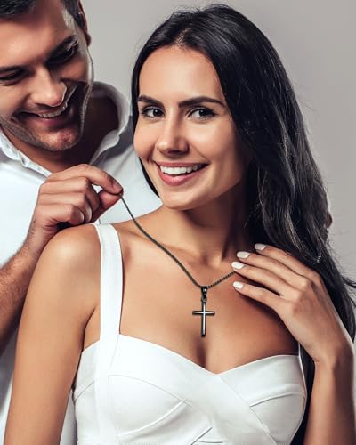 Exquisite Cross Necklace for Men and Women, Silver/Gold/Black Cross Chain with Top-grade 316L Stainless Steel Cross Pendant, 18-24 Inch Box/Byzantine Chains - color: Mystic Black, size: 18 Inch=46CM(Women's Average Length), style: Box Chain with Medium Pe