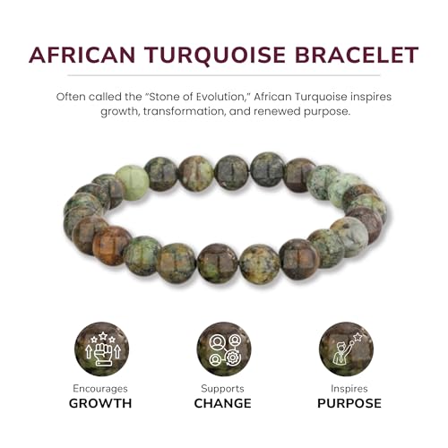 Crystal Vibe 8mm Beaded Bracelets For Women Men - Healing Crystal Bracelet - Adjustable Size - color: african turquoise