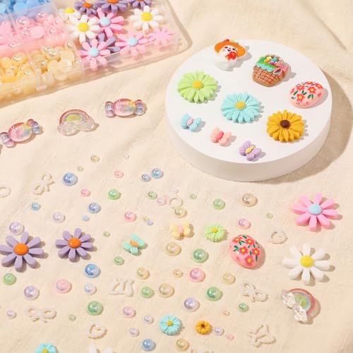 Sosation 3000 Pcs Junk Case Charms Kit, Pastel Pearls Resin Charms Cute Bedazzling Kit for Phone Case Decoration Spring Summer Bunny Sunflower Daisy Butterfly for Cellphone Nail DIY Craft Making