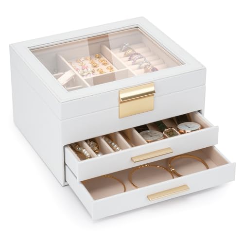 Jewelry Box for Women, 3-Layer Jewelry Box, Jewelry Organizer with Clear Glass Lid and Drawers, Jewelry Organizers and Storage for Necklaces, Rings, Earrings, Bracelets(White) - color: Cream