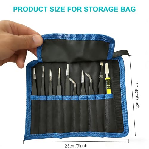 Precision Tweezers Set 10 Piece, ESD Safe Anti-Static Stainless Steel Kit with Case & Pry Tool for Electronics Repair, PCB Soldering, Jewelry Making, Watch Repair, Lab and Craft Work
