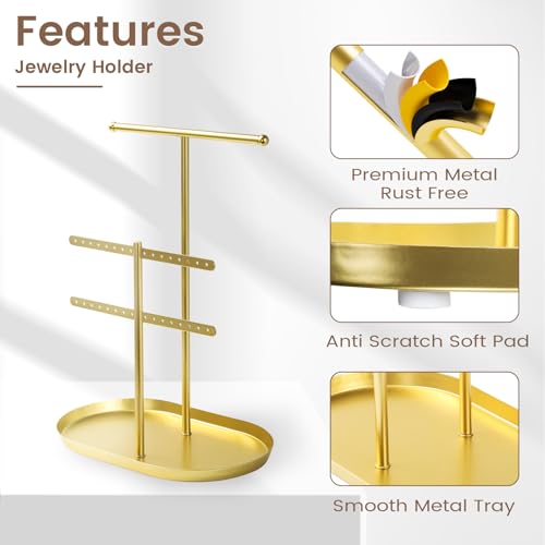 Saydear Elegant Jewelry holder Organizer: 2-Tier Display Storage Stand for Earrings Necklaces with Ring Tray Spacious and Durable, Easy to Assemble Gold - color: Gold