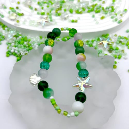 8mm Glass Beads, 580Pcs Crystal Bead, Starfish, Shell Shaped and Seed Beads, Green Assorted Round Crystal Loose Bead for St. Patrick's Day, Jewelry Making, DIY Craft - size: 8mm