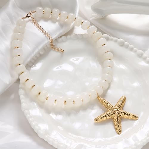 Chunky Beaded Starfish Shell Necklace for Women Colorful Boho Summer Chain Choker Beach Necklace with Acrylic Beads Trendy Chunky Jewelry Gifts - color: XL005F-01