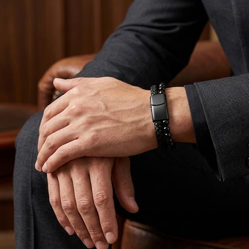 Mens Bracelet Fathers Gifts Day Black Braided Leather Stainless Steel Cross Jewelry Charming Bracelet Embedded with Black Agate Beads,Perfect for Wedding, Parties, and Everyday,Bible Verse Christian Religious Gift(7.5/8.5/9 Inch) - color: E+black+8.5
