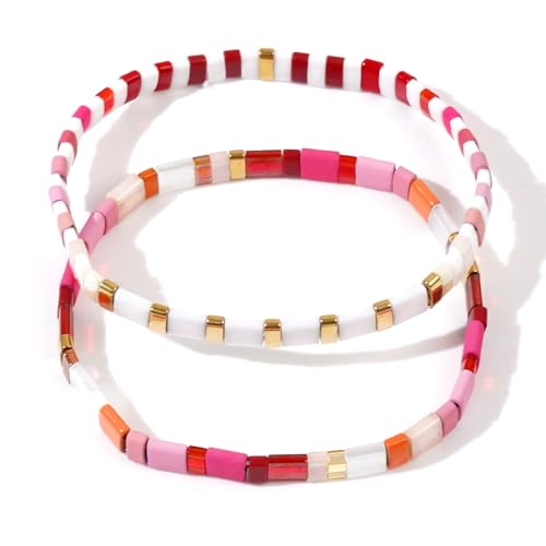 Tila Flat Beaded Bracelet for Women,Bohemian Colorful Stretch Square Glass Bead Elastic Layred Bracelet Stack, Handmade Boho Trendy Holiday Jewelry Accessories Friendship Gift - color: Pink