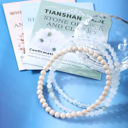 2/3-Pieces 4mm 6mm 8mm Natural Crystal Gemstone – Handmade Reiki Energy Healing Stretch Bracelets Jewelry for Yoga, Meditation, Unisex - color: 3 Pieces (Opalite&TianshanJade&WhiteFossilJasper), size: 4mm