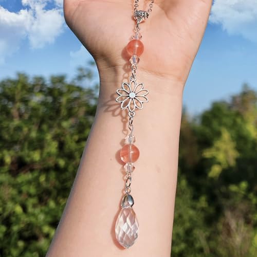 Car Rear View Mirror Accessories Dasiy Car Hanging Ornament, Crystal Rearview Decor Charm Handmade Red Quartz Beaded Crystal Cute Boho Swinging Interior Decor for Women Men - color: Red Quartz-daisy