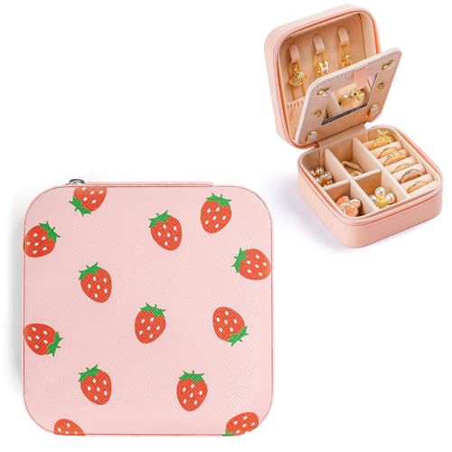 Strawberry Small Travel Jewelry Case with Mirror Portable Pink PU Leather Box Earrings Necklaces Rings Bracelets Storage Organizer Gift for Women And Girls