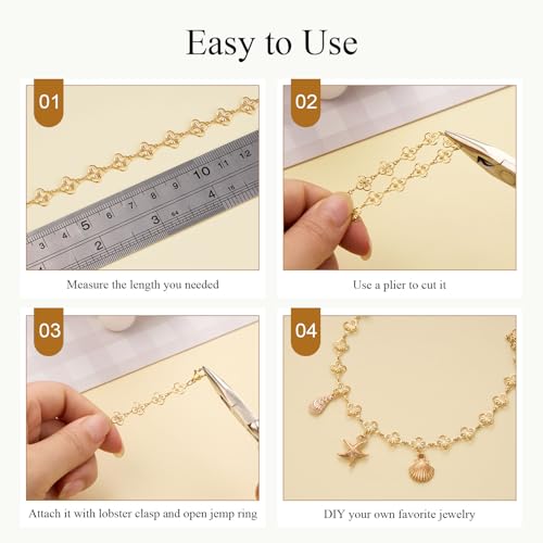 Jabogrii 16.4 Feet Gold Stainless Steel Chain for Jewelry Making Four Leaf Clover Chain Bulk Spool DIY Jewelry Making Supplies - color: FLower Gold