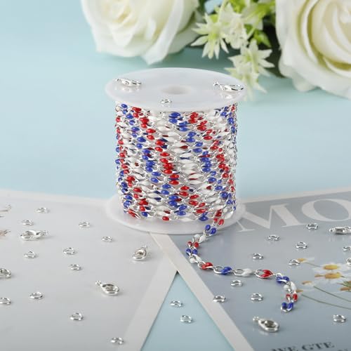YOUBEIYEE 2 Meters Silver Plated Chain for Jewelry Making USA Flag Enamel Chain Roll Brass Chains Bulk with Jump Rings and Lobster Clasps - color: USA Flag Color