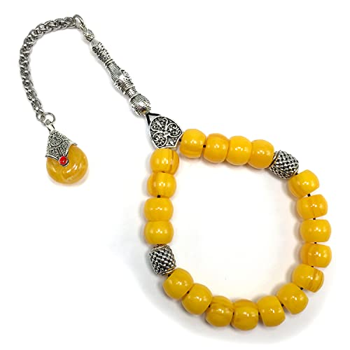 Simple Designed Natural Stone Worry Beads - Prayer Beads Tesbih-Tasbih-Tasbeeh-Misbaha-Subha-Sebha-Sibha-Rosary (Yellow Resin Drum -13X9 mm- 19 Big Beads) - color: Yellow Resin Drum -13X9 mm- 19 Big Beads