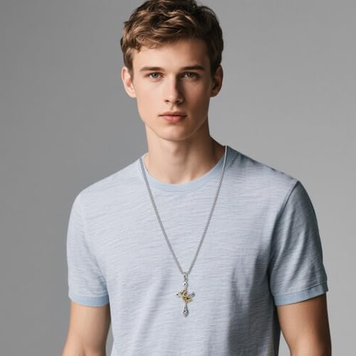Stainless Steel Cross Necklace for Men, 24 Inch Crown Cross Chain Elegant Religious Jewelry Gift Non-Detachable Crown for Him