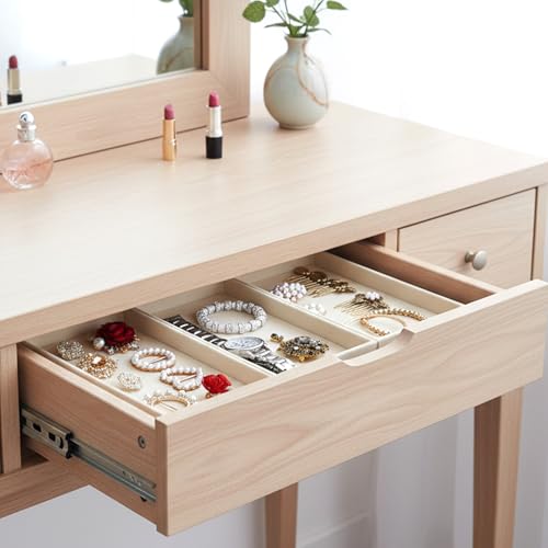 12 Pack Velvet Jewelry Trays, Stackable Drawer Organizer Inserts for Necklace, Earring, Ring, Bracelet Showcase Display and Storage, Beige, 8.27 x 4.92 x 1 Inch