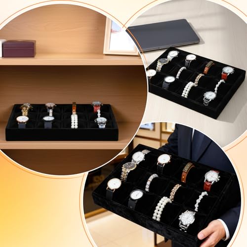 2 Pack 12 Grid Velvet Watch Tray Organizer with Removable Pillows - Stackable Bracelet & Bangle Display Holder for Drawer, Store, or Travel - Black