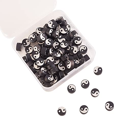 Airssory 100 Pcs Black and White Manmade Polymer Clay Soft Beads Flat Round with Taiji Ying Yang Sign Loose Bead Spacer for Lucky Jewelry Making - color: Yin Yang Beads_Black and White