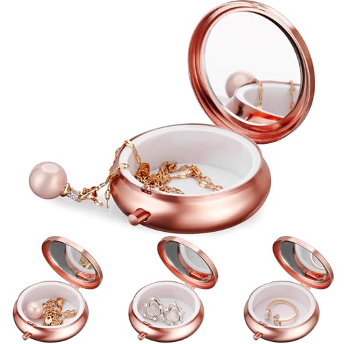 Mini Travel Jewelry Box with Built-In Mirror, Ultra-Portable Jewelry Holder for Rings, Necklaces, Earrings, Pills, Tea Bags, Small Accessories, Press-to-Open Multifunctional Storage (Pink) - color: Pink without Clasp