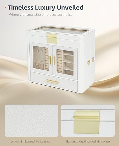 11" Large Jewelry Box White Woven PU Leather Storage Case Holds 100+ Pieces, Jewelry Case with Metal Handles for Necklaces, Rings, Earrings – Elegant Gift for Women - color: Beige-Large