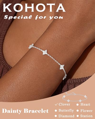 KOHOTA Silver Gold Bracelets for Women Trendy 14K Gold Plated Bracelet for Women Non Tarnish Dainty Stackable Clover Flower Heart Butterfly Diamond CZ Charm Station Bracelets Stack Jewelry Gifts - color: A: Clover-Silver