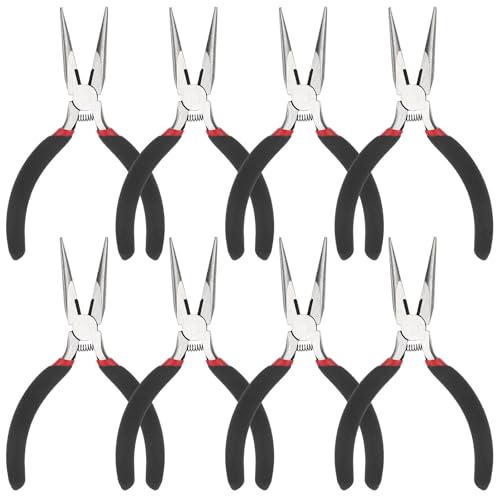 Dimeho 8 PCS Needle Nose Pliers, 5 Inch Long Nose Pliers Set Carbon Steel Serrated Jaw Plier for Wire Bending Cutting Jewelry Making Electronics Repair Object Grasping
