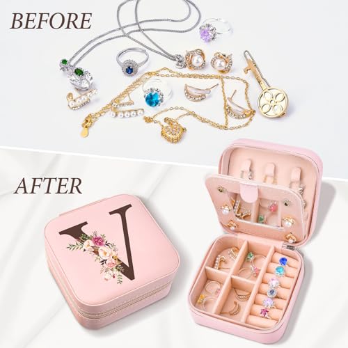 Small Travel Jewelry Case for Women, Initial Travel Jewelry Case Box Organizer Personalized Gifts, Fashion Travel Essentials Trendy Stuff for Teen Girls, Pink V - style: V