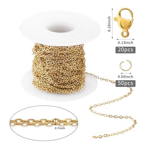 Topacket 33Feet 18K Gold Stainless Steel Necklace Chains Cable Link Chains for Jewelry Making DIY Craft Kit with Lobster Clasps Jump Rings - color: Gold, size: 2.5mm
