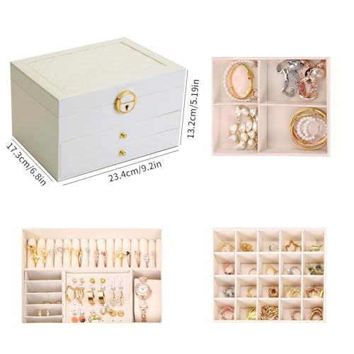 3 Layer Jewelry Box Organizer with Drawers, Lockable PU Leather Jewelry Storage Case for Mothrer's Day gifts Necklace Earring Ring Bracelet Watch, White - color: White