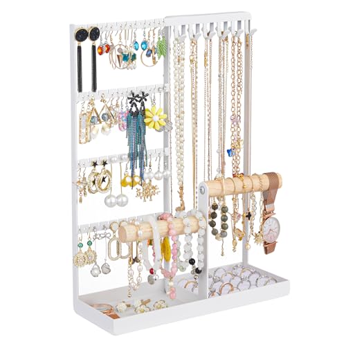 Jewelry Organizer Stand, Jewelry Holder Tree and Storage, Super Large Capacity, 72 Earring Holes, 12 Necklace Hooks, 20 Rings Slot, 2 Bracelet Bars, Assemble Not Required, Size 3.94*9.84*13.78 Inch