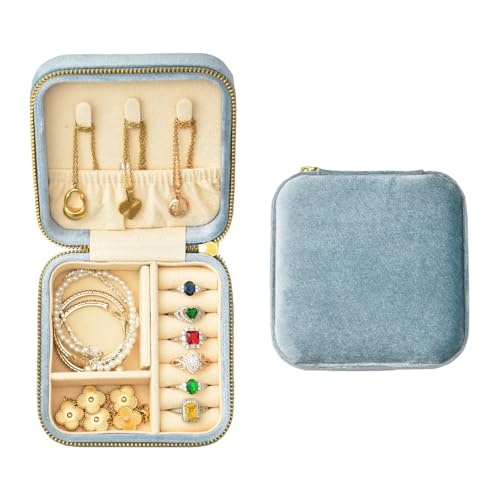 TAIMY Plush Velvet Travel Jewelry Box, Small Travel Jewelry Case, Portable Mini Jewelry Travel Organizer Boxes for Rings Earrings Necklaces Bracelets(Light Blue,No Mirror) - color: Light Blue