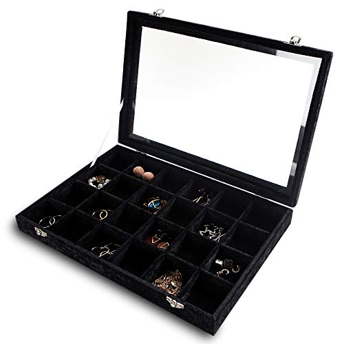 Frebeauty 24 Grid Earring Holder Organizer Tray, Jewelry Organizers and Storage for Drawer,Velvet Jewelry Display Storage for Earrings,Rings,Studs,10.5 x 6.5 x 1.2 Inches Gift for Women (Black) - color: Black, size: 24 Slots