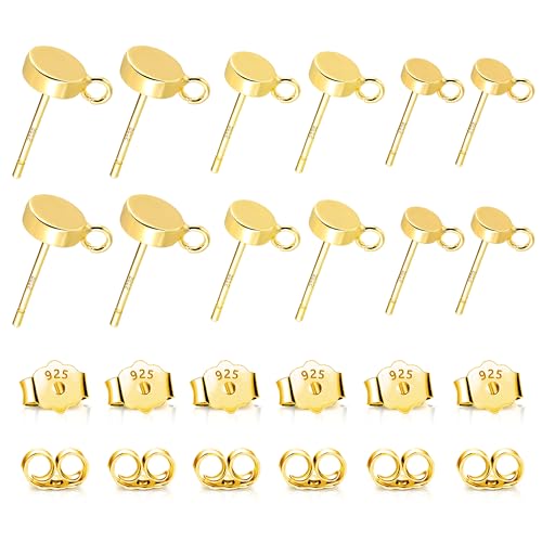 12Pcs Gold Earring Posts with Loop, 3/4/5mm Flat Studs Earring Hook Hypoallergenic 925 Sterling Silver Earrings Findings Butterfly Backs Supplies Set Gold Ear Studs Posts for Earrings Jewelry Making - color: Flat_Gold