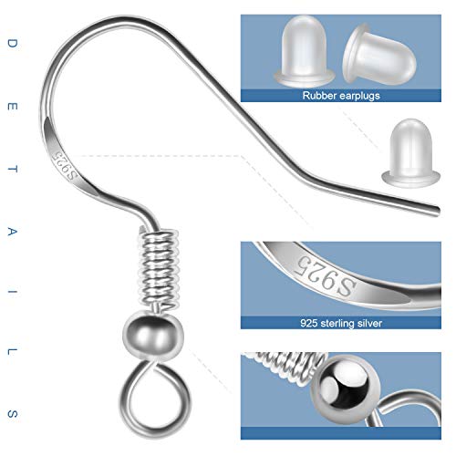 925 Sterling Silver Earring Hooks 120 PCS/60 Pairs, Ear Wires Fish Hooks, Hypo-allergenic Jewelry Findings Parts with 120 PCS Clear Silicone Earring Backs - size: 120pcs-Silver