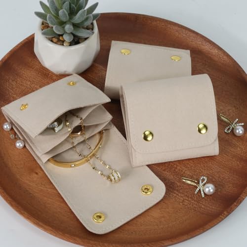 3pcs Small Jewelry Bags Butto Pouches Organizer Cases Gift Bags for Jewelry, 3"x3", Beige - color: Beige